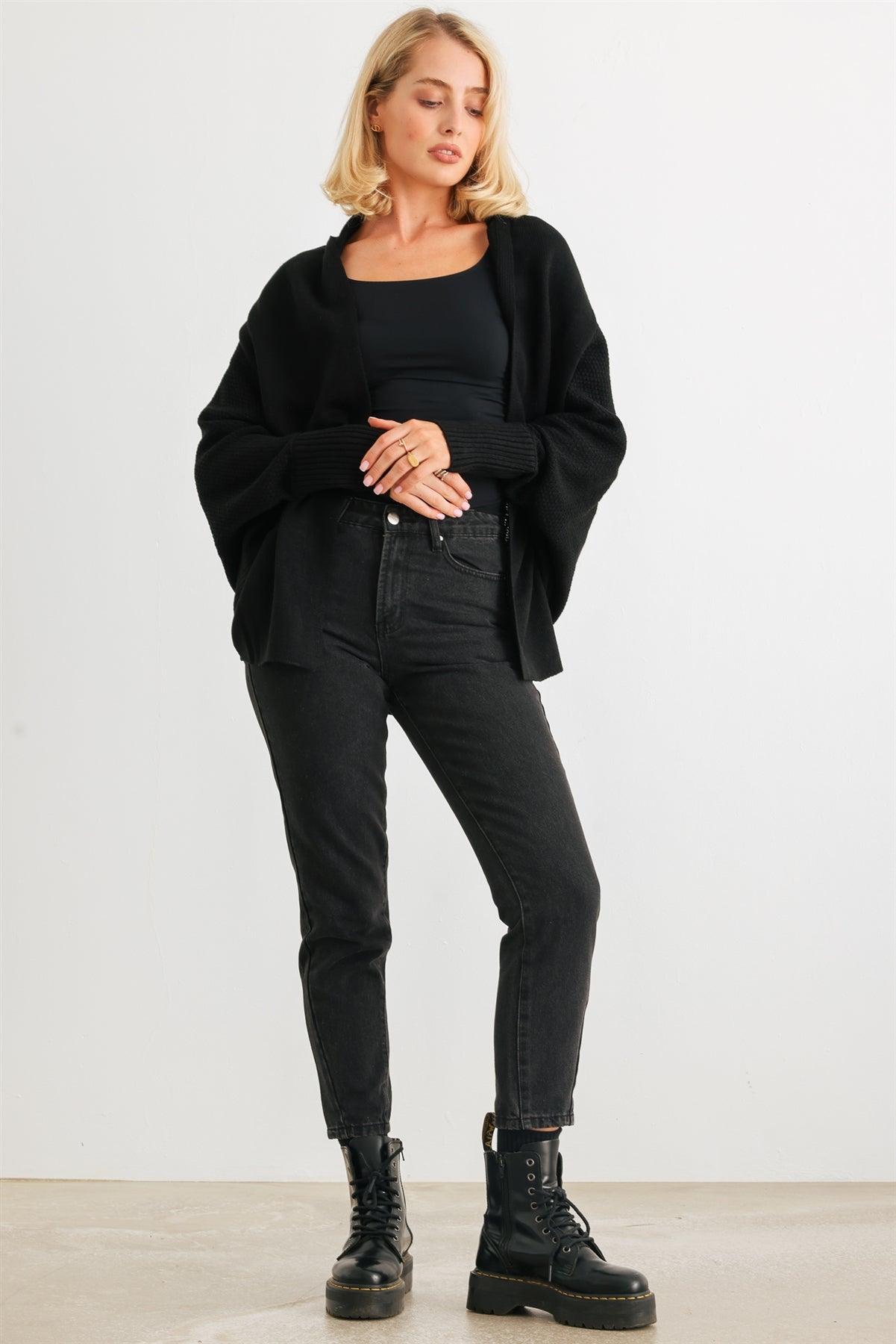 Black Knit Batwing Sleeve Open Front Cardigan /2-2-2