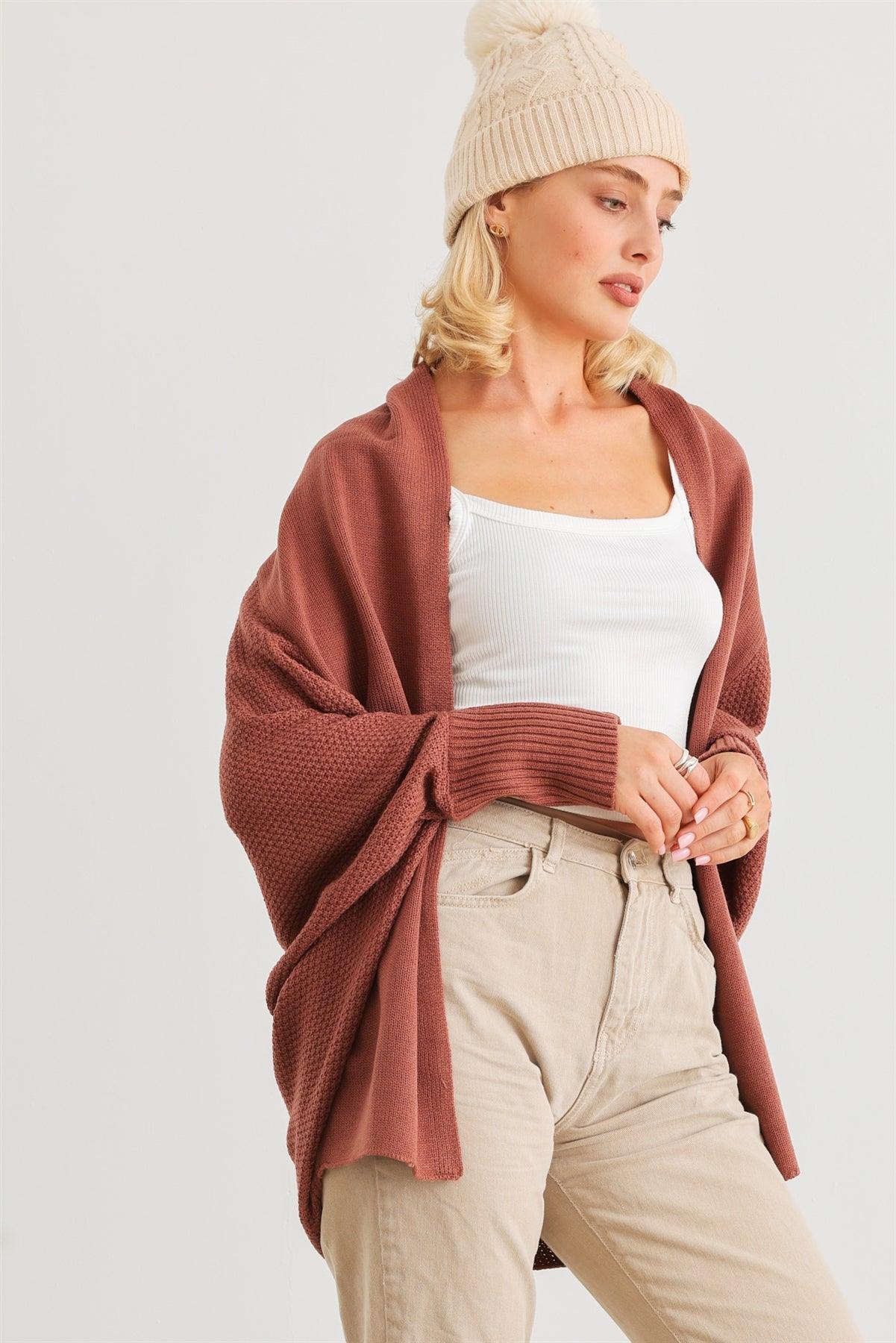 Brick Knit Batwing Sleeve Open Front Cardigan /1-2-2