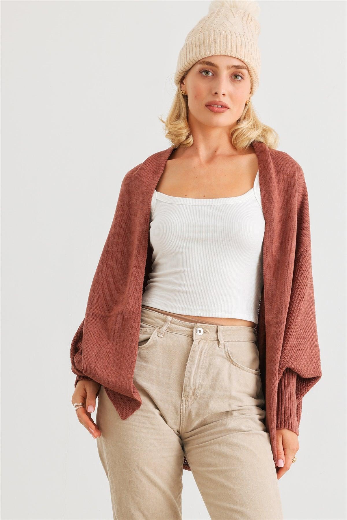 Brick Knit Batwing Sleeve Open Front Cardigan /1-2-2