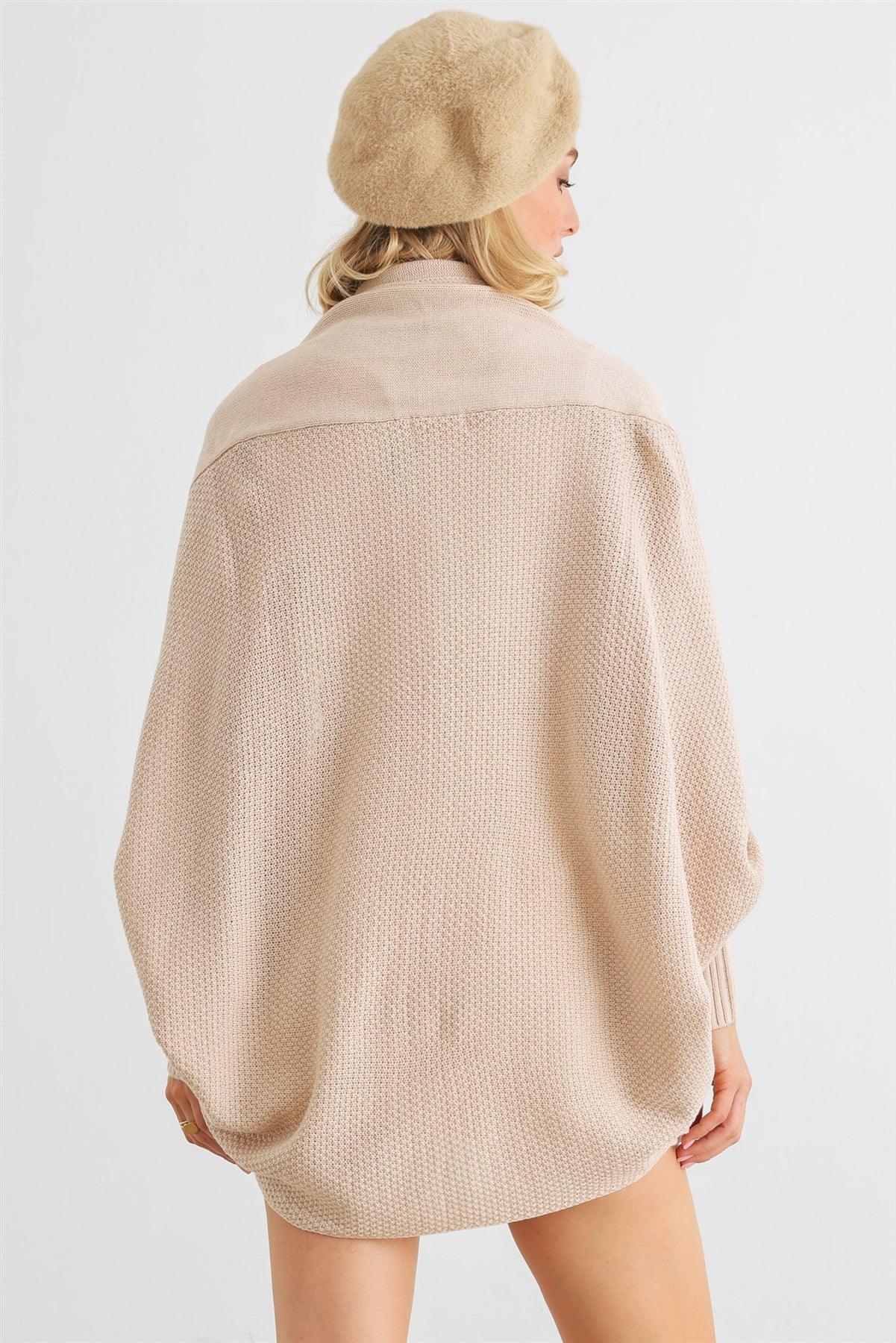 Oatmeal Knit Batwing Sleeve Open Front Cardigan /2-2-2