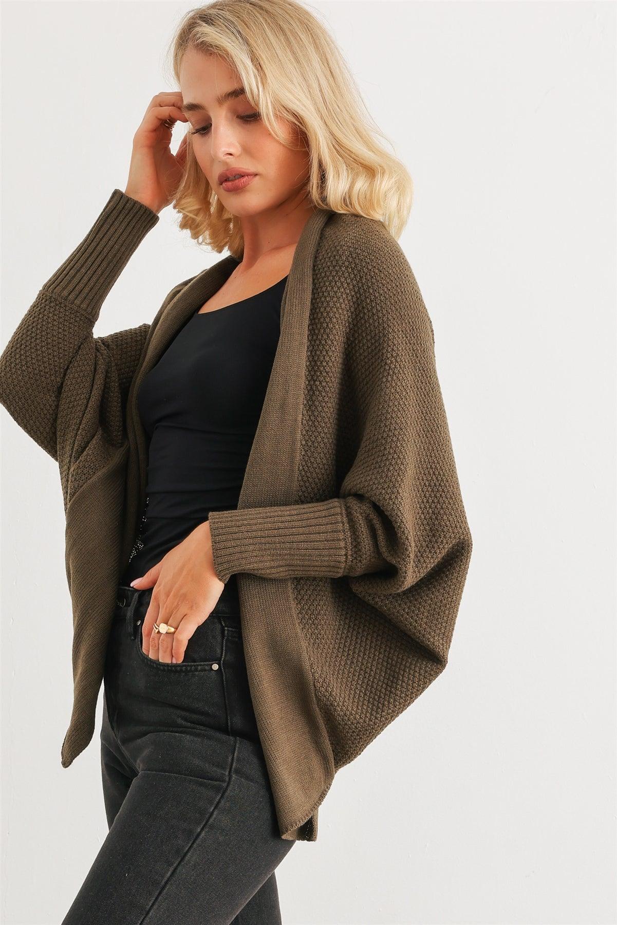 Olive Knit Batwing Sleeve Open Front Cardigan /2-2-2