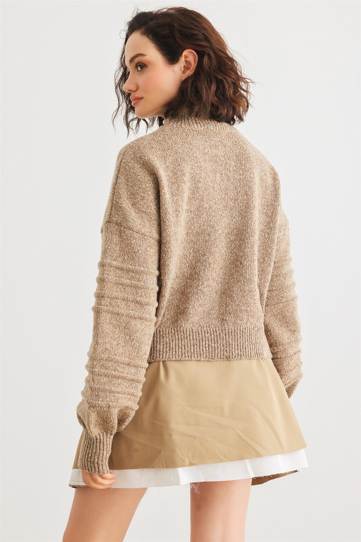 Camel Knit Mock Neck Lantern Sleeve Sweater /2-2-1