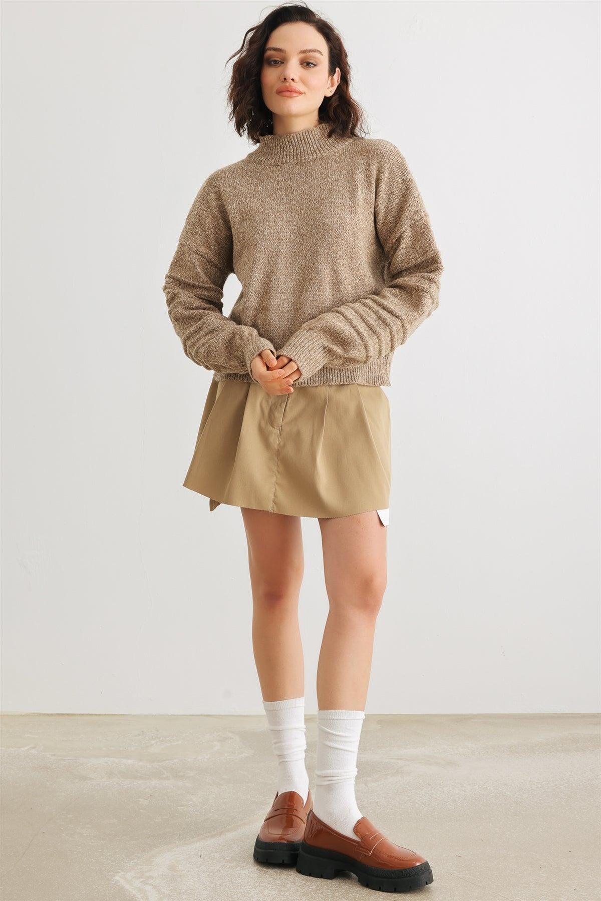 Camel Knit Mock Neck Lantern Sleeve Sweater /2-2-1