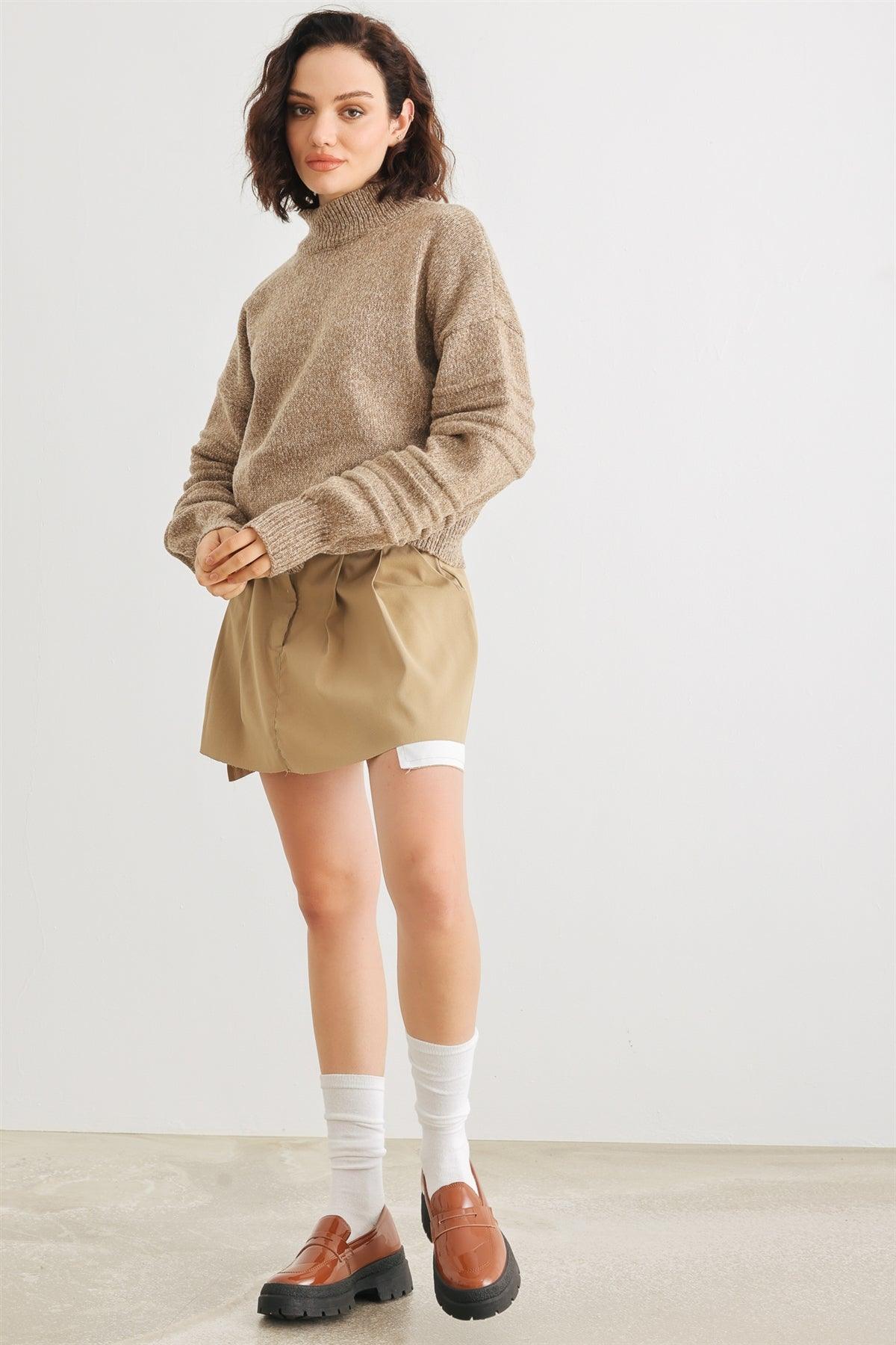 Camel Knit Mock Neck Lantern Sleeve Sweater /2-2-1