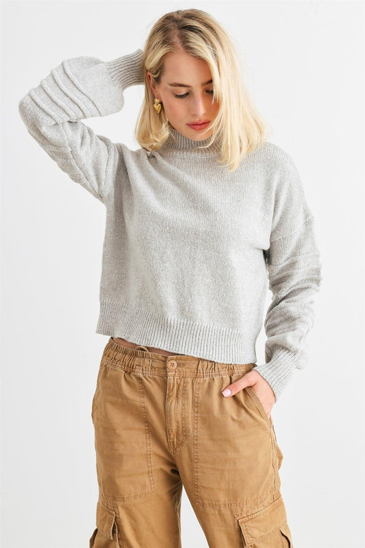 Heather Grey Knit Mock Neck Lantern Sleeve Sweater /3-1