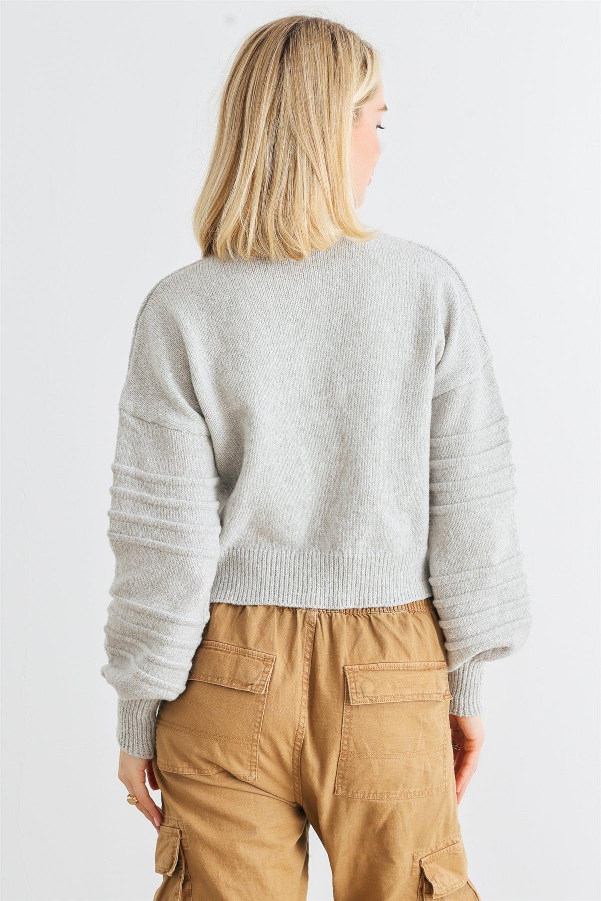 Heather Grey Knit Mock Neck Lantern Sleeve Sweater /3-1