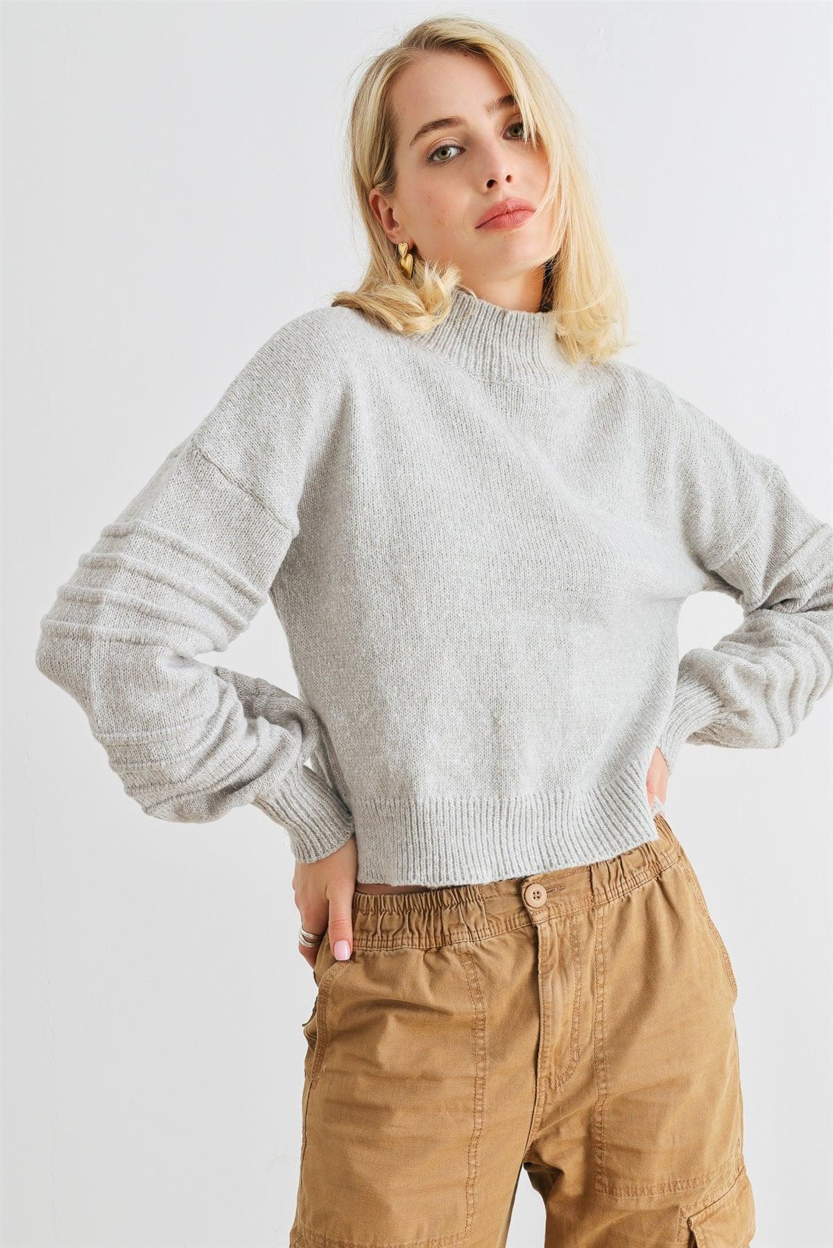 Heather Grey Knit Mock Neck Lantern Sleeve Sweater /3-1