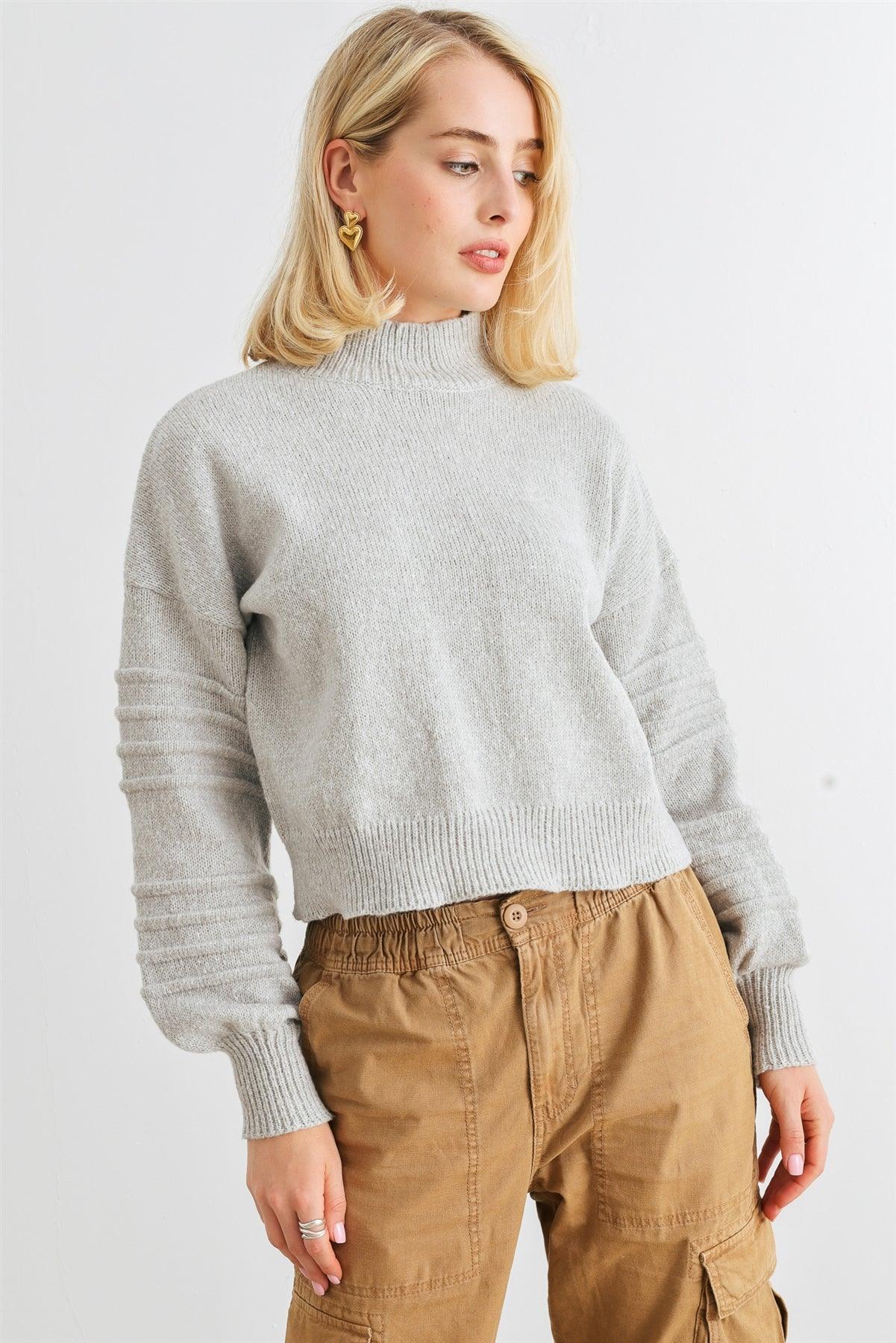 Heather Grey Knit Mock Neck Lantern Sleeve Sweater /3-1