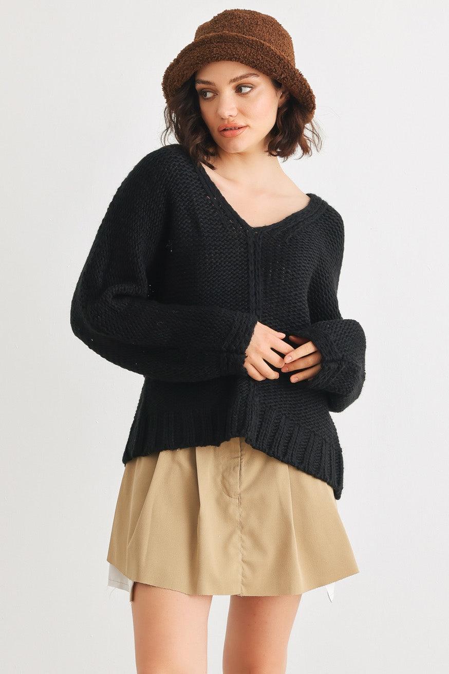 Black Crochet Knit V-Neck Long Sleeve Sweater /2-2-2