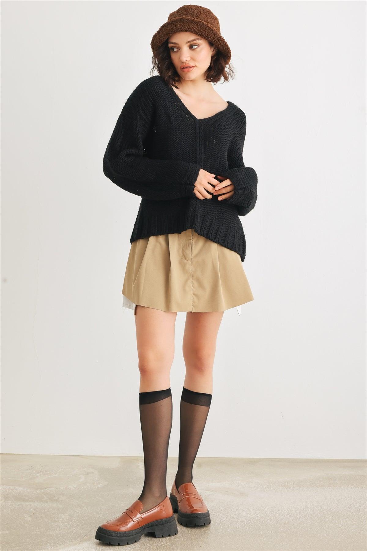 Black Crochet Knit V-Neck Long Sleeve Sweater /2-2-2