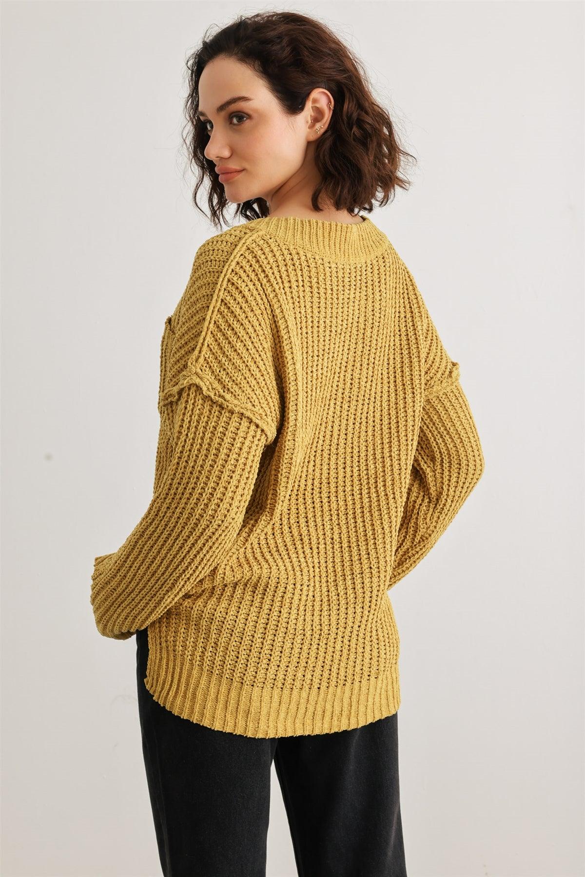 Gold Knit One Pocket Long Sleeve V-Neck Sweater /1-2-2