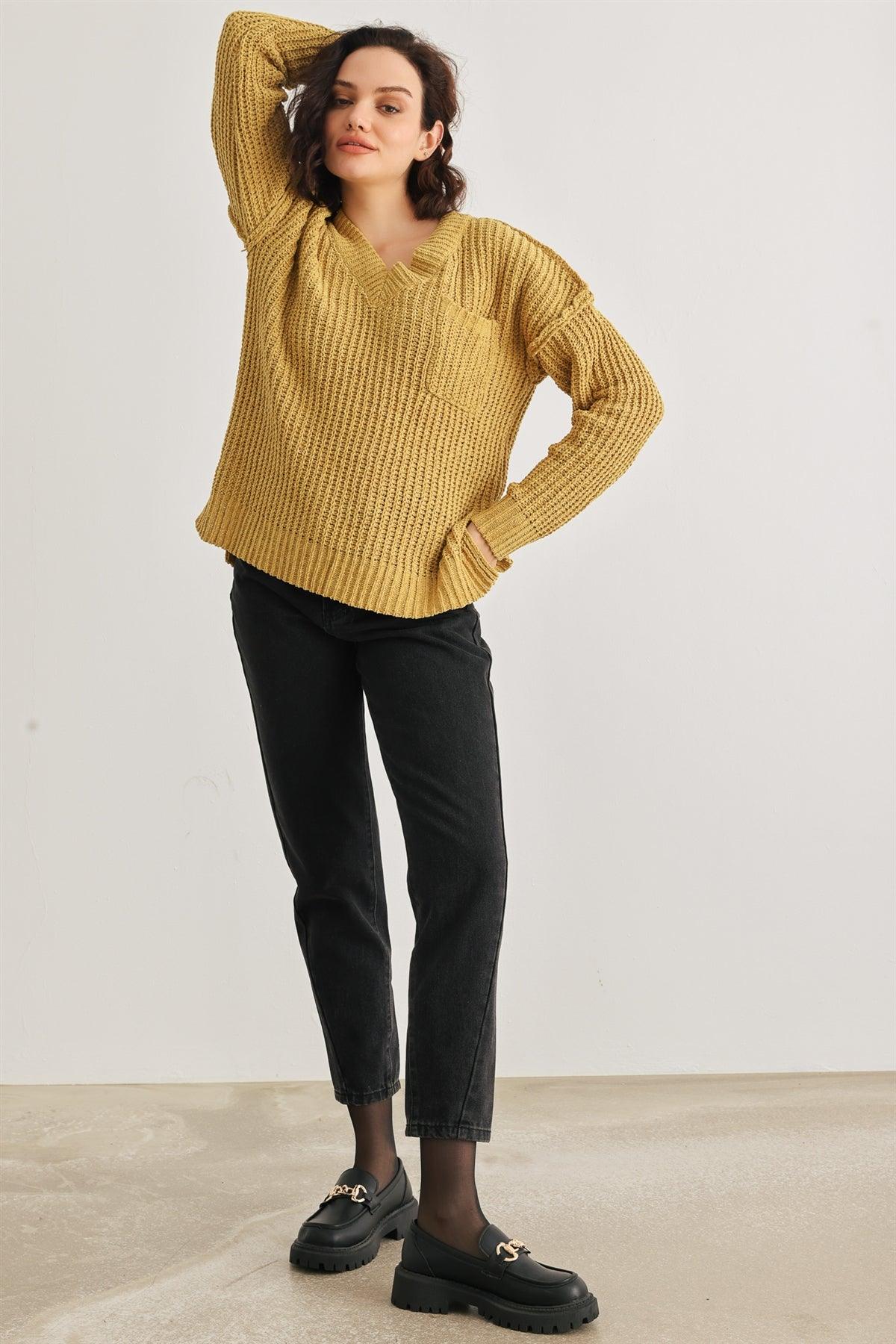 Gold Knit One Pocket Long Sleeve V-Neck Sweater /2-2-2