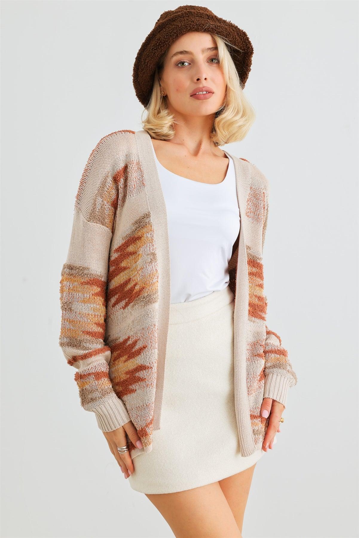 Camel Fuzzy Print Long Sleeve Open Front Cardigan /1-2-2