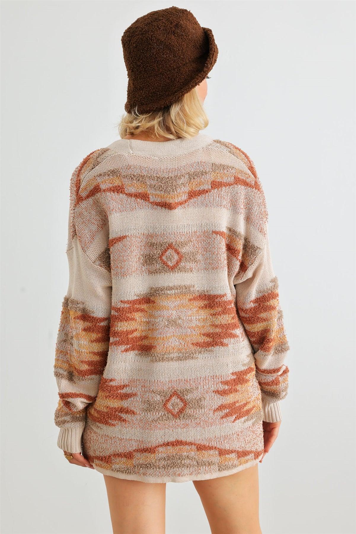 Camel Fuzzy Print Knit Long Sleeve Open Front Cardigan /1-2-2