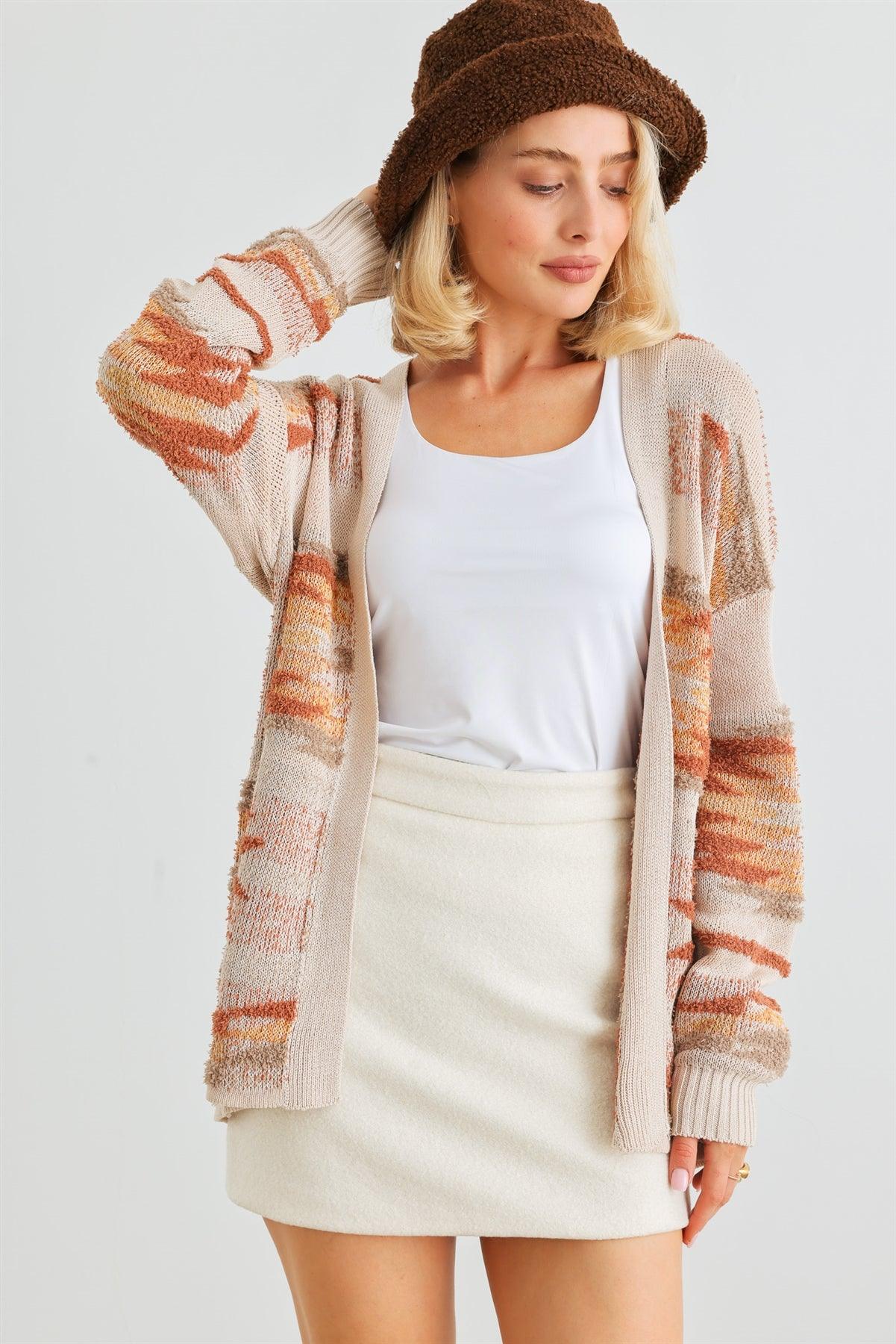 Camel Fuzzy Print Knit Long Sleeve Open Front Cardigan /1-2-2