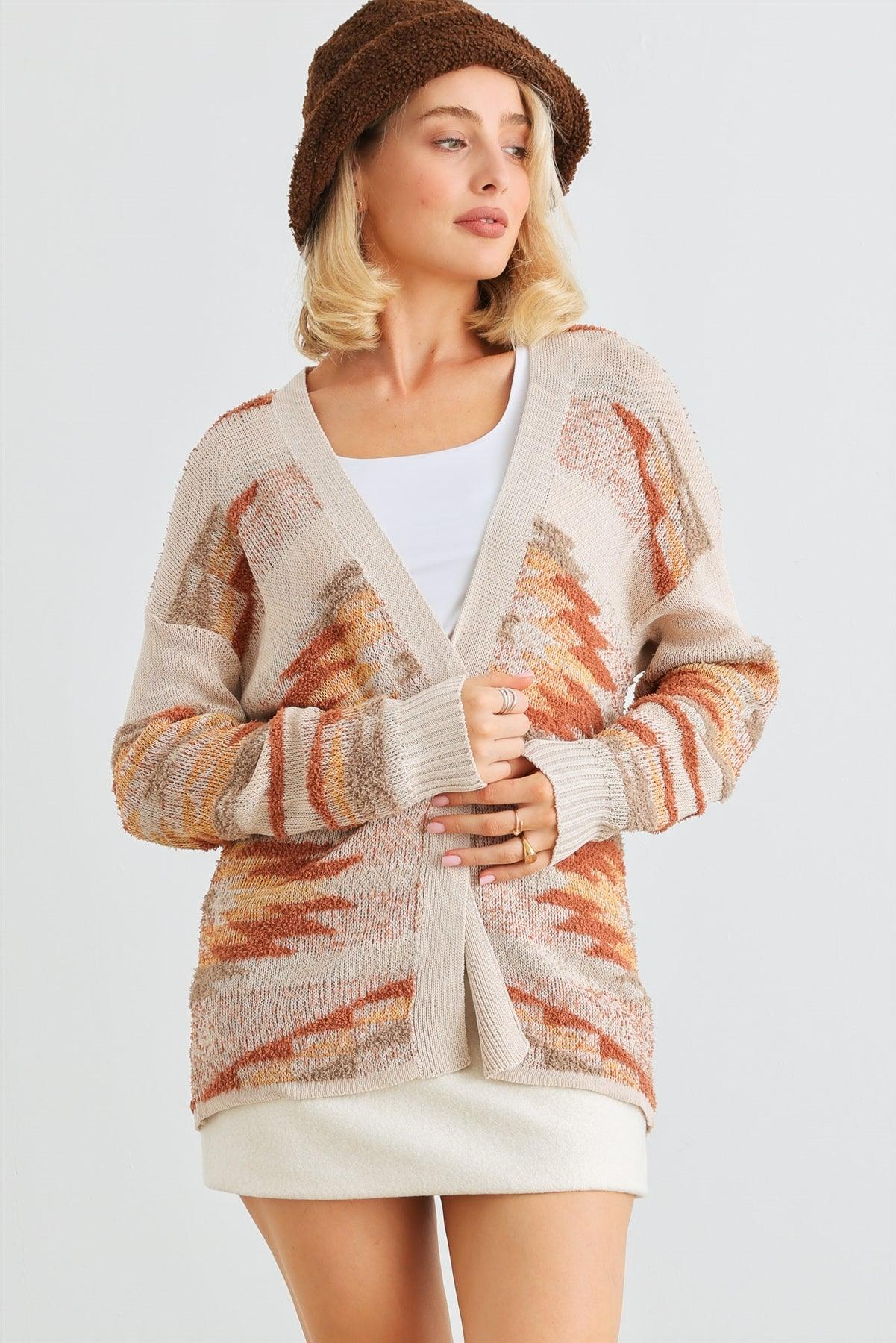 Camel Fuzzy Print Knit Long Sleeve Open Front Cardigan /1-2-2