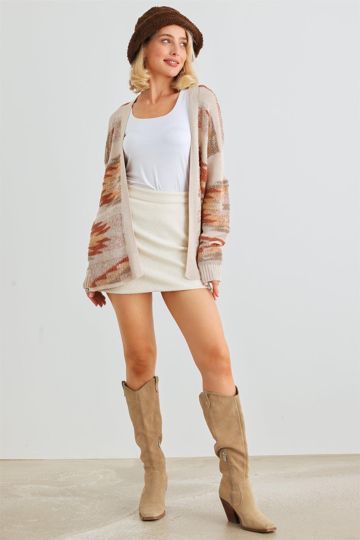 Camel Fuzzy Print Knit Long Sleeve Open Front Cardigan /1-2-2