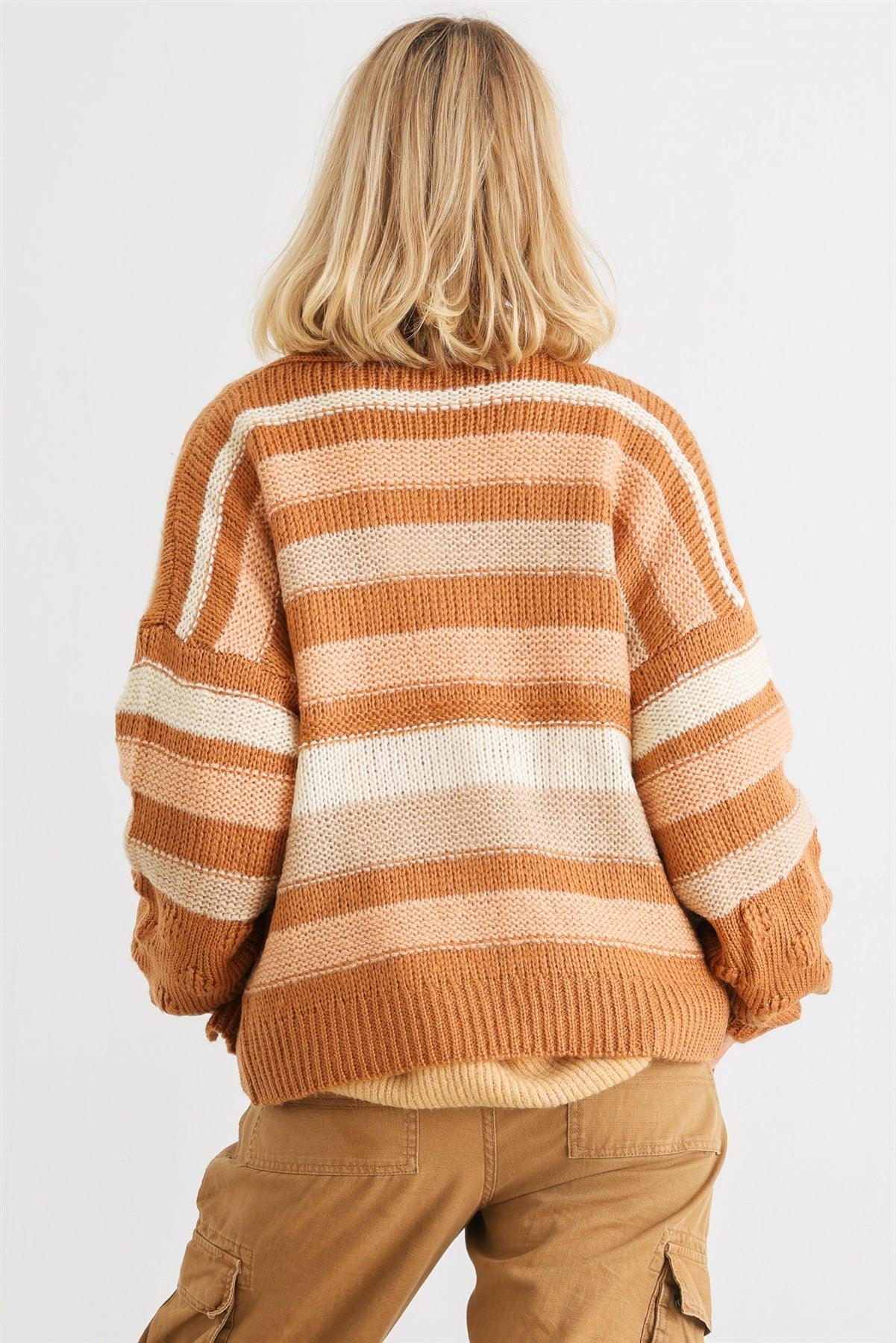 Camel Striped Crochet Knit Two Pocket Open Front Cardigan /2-2-2