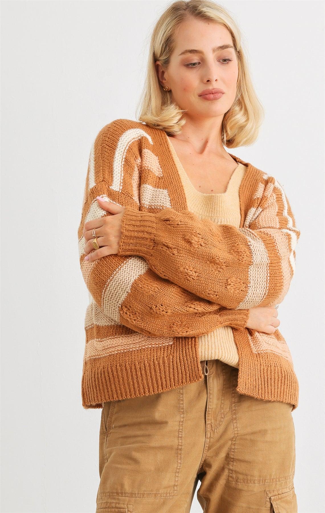 Camel Striped Crochet Knit Two Pocket Open Front Cardigan /2-2-2