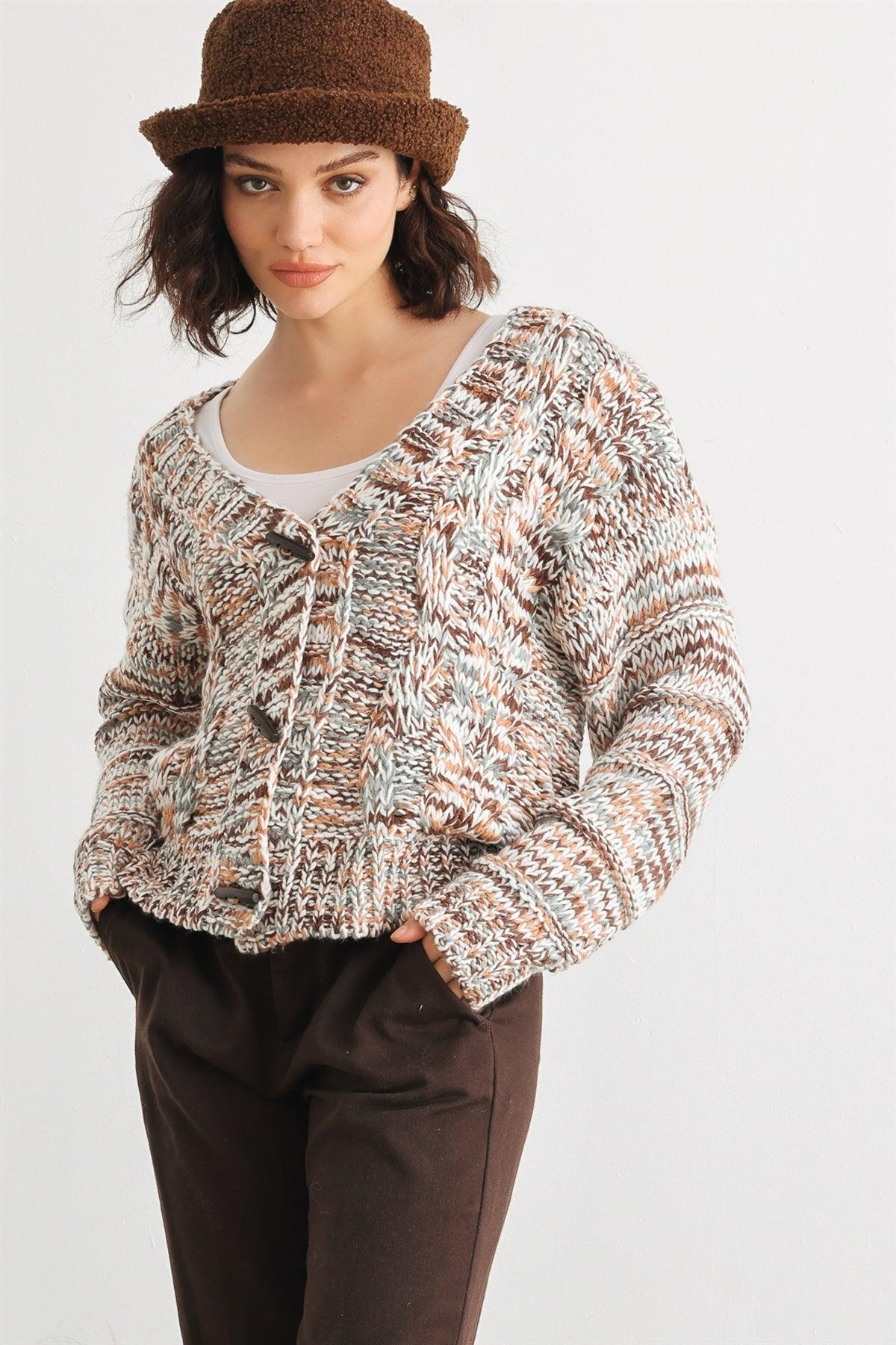 Olive Mix Crochet Knit Wooden Button-Up Soft To Touch Cardigan /2-2-2