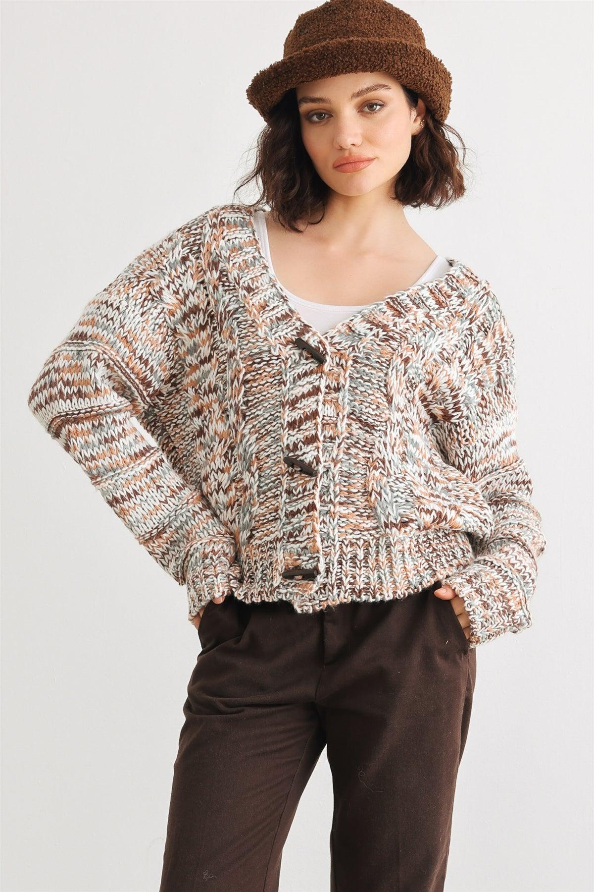 Olive Mix Crochet Knit Wooden Button-Up Soft To Touch Cardigan /2-2-2