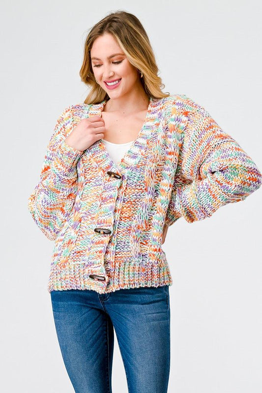 Rainbow Crochet Knit Wooden Button-Up Soft To Touch Cardigan /1-2-2