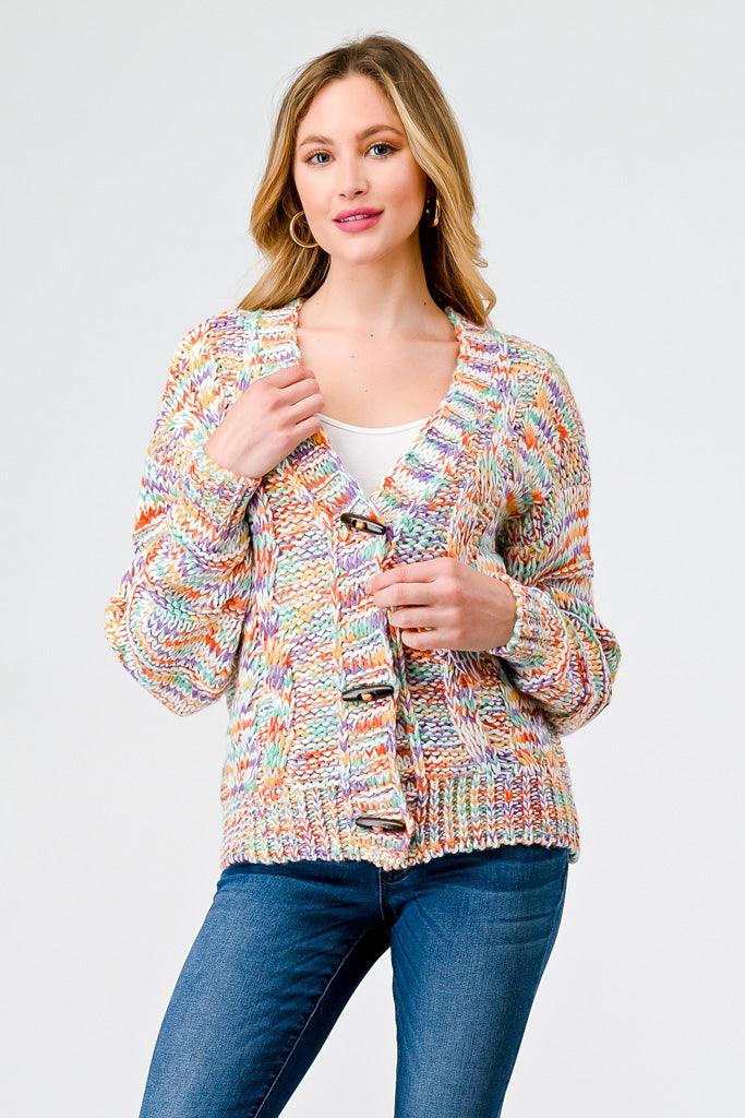 Rainbow Crochet Knit Wooden Button-Up Soft To Touch Cardigan /1-2-2