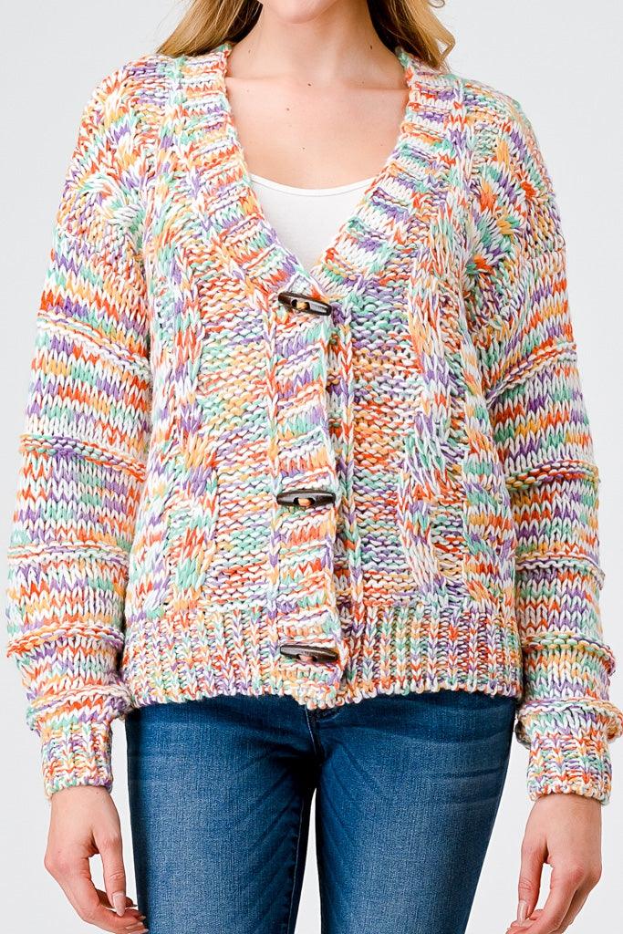 Rainbow Crochet Knit Wooden Button-Up Soft To Touch Cardigan /1-2-2