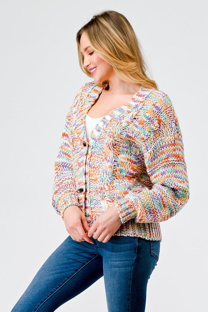 Rainbow Crochet Knit Wooden Button-Up Soft To Touch Cardigan /1-2-2