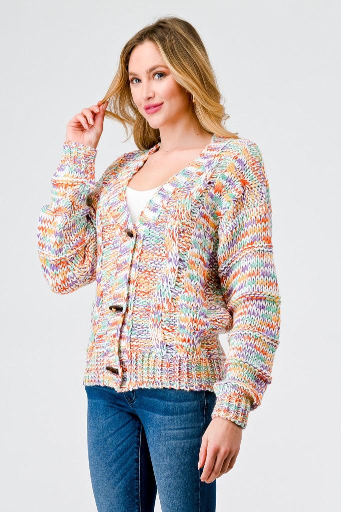 Rainbow Crochet Knit Wooden Button-Up Soft To Touch Cardigan /1-2-2