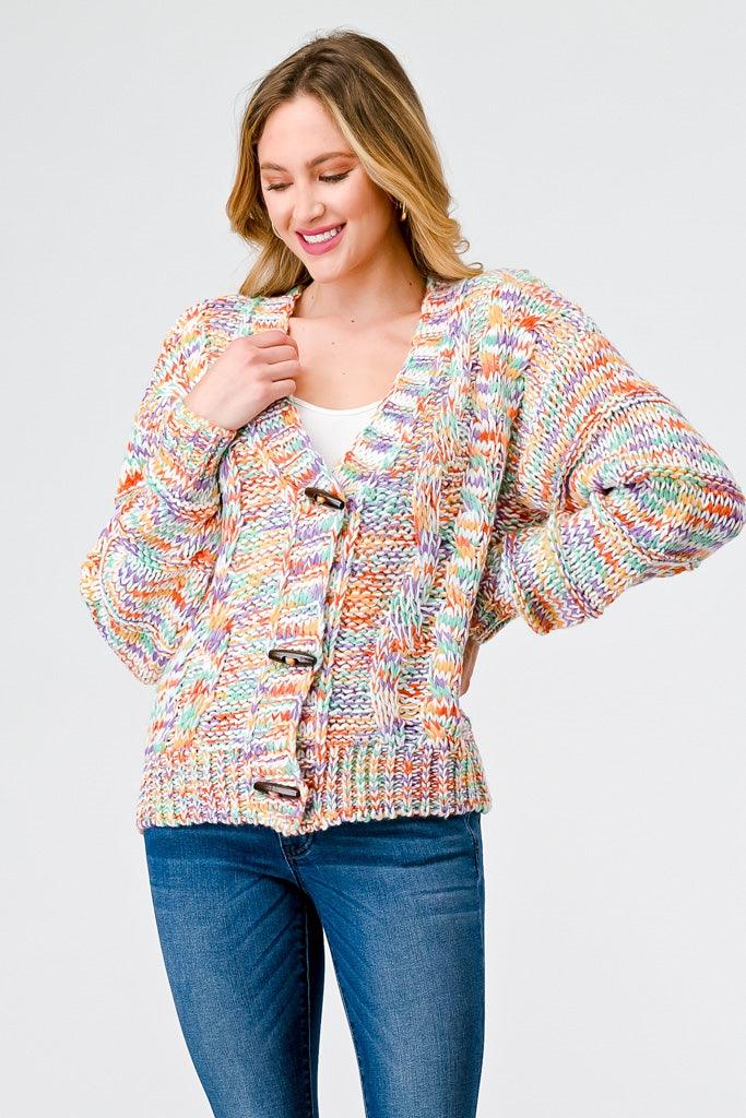 Rainbow Crochet Knit Wooden Button-Up Soft To Touch Cardigan /2-2-2