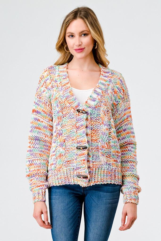 Rainbow Crochet Knit Wooden Button-Up Soft To Touch Cardigan /2-2-2