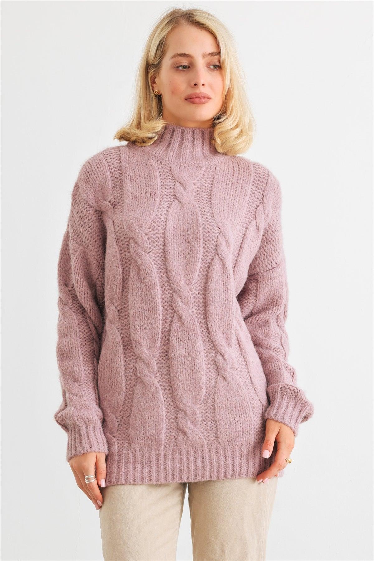 Mauve Cable Knit Turtle Neck Long Sleeve Sweater /1-1-1