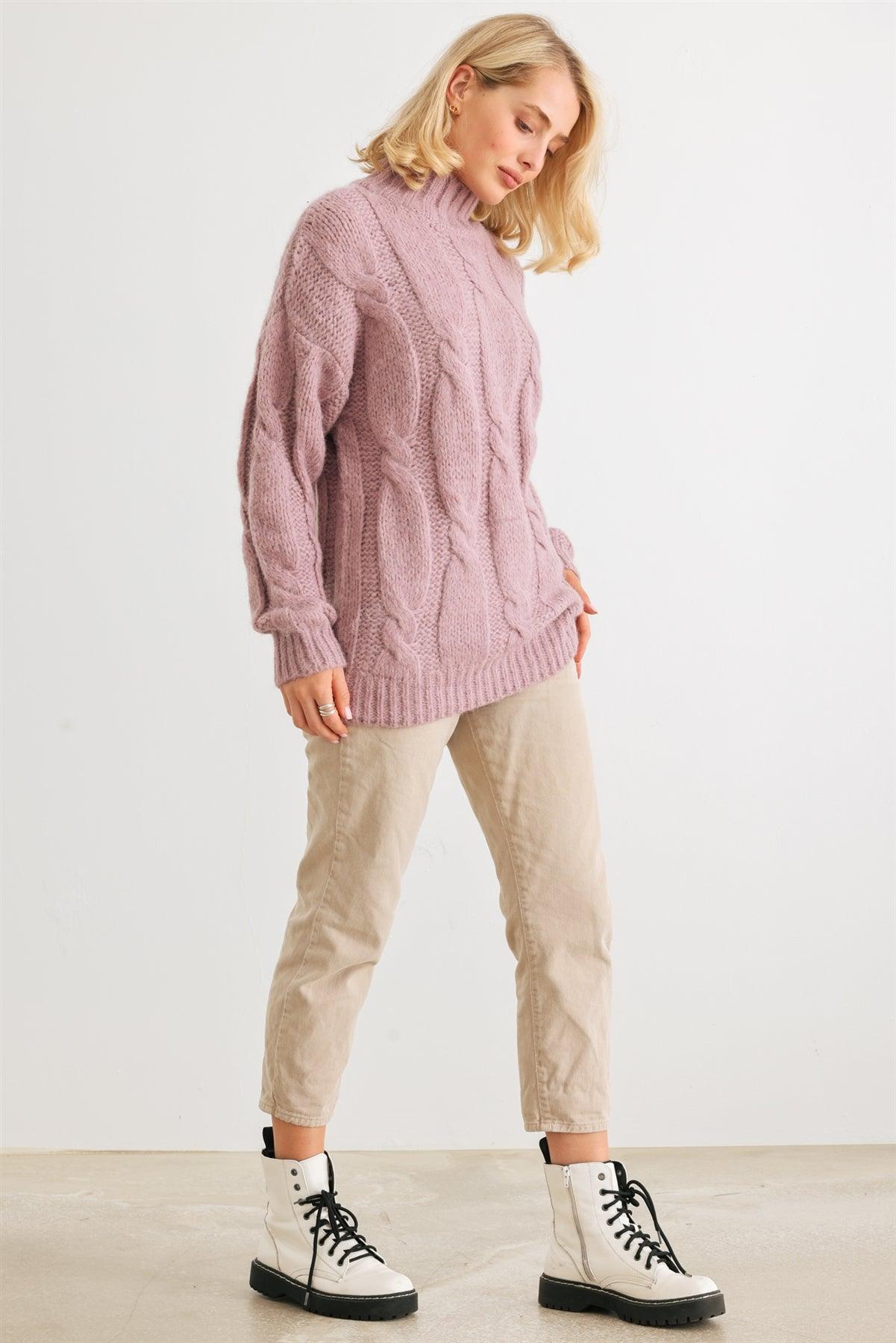 Mauve Cable Knit Turtle Neck Long Sleeve Sweater /1-1-1