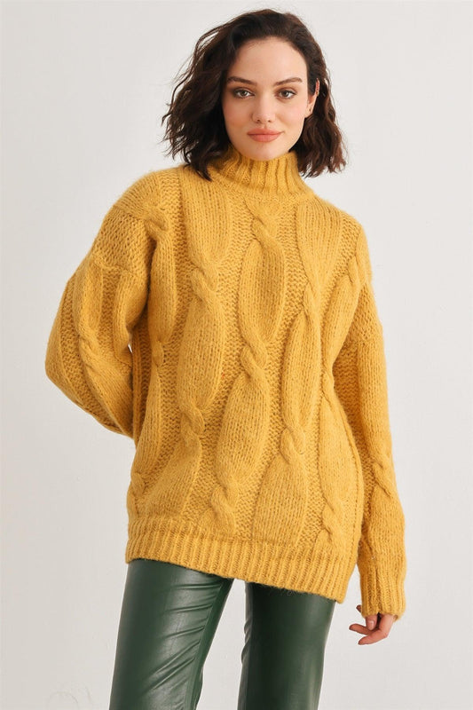 Mustard Cable Knit Turtle Neck Long Sleeve Sweater /1-1-1