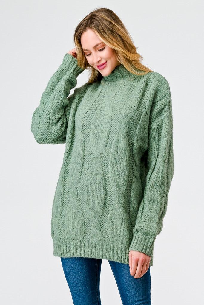 Sage Cable Knit Turtle Neck Long Sleeve Sweater /2-2-2