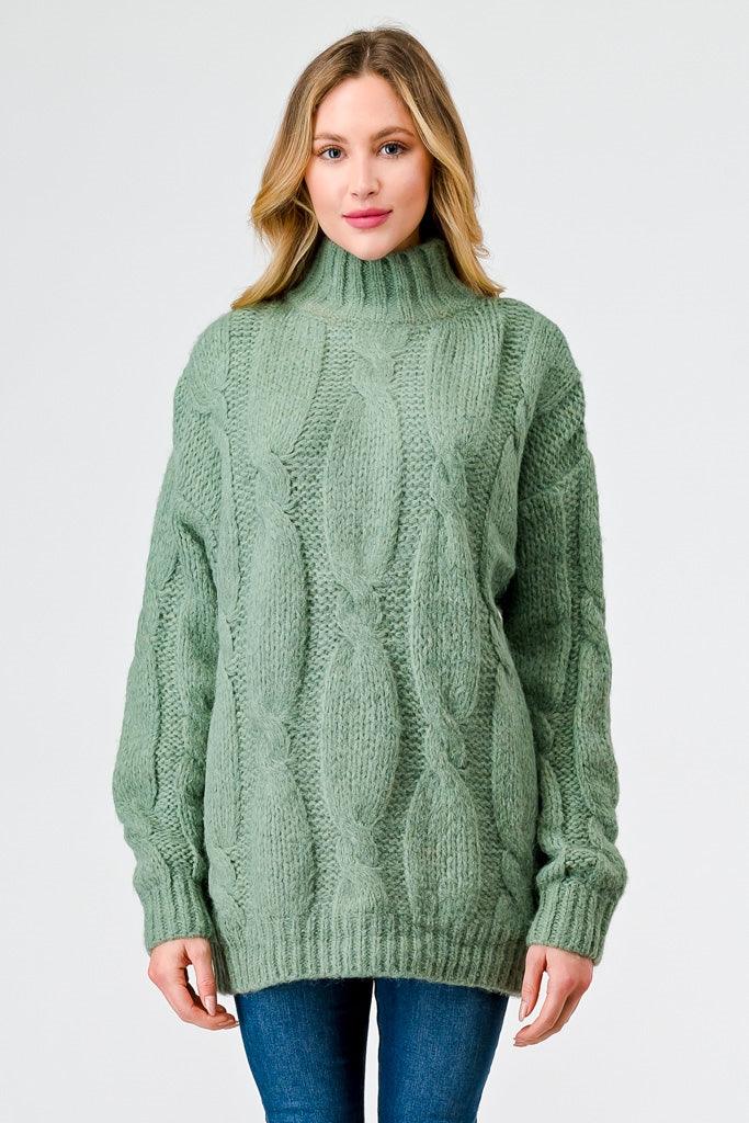 Sage Cable Knit Turtle Neck Long Sleeve Sweater /2-2-2