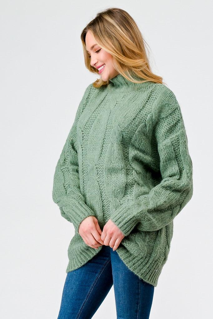 Sage Cable Knit Turtle Neck Long Sleeve Sweater /2-2-2