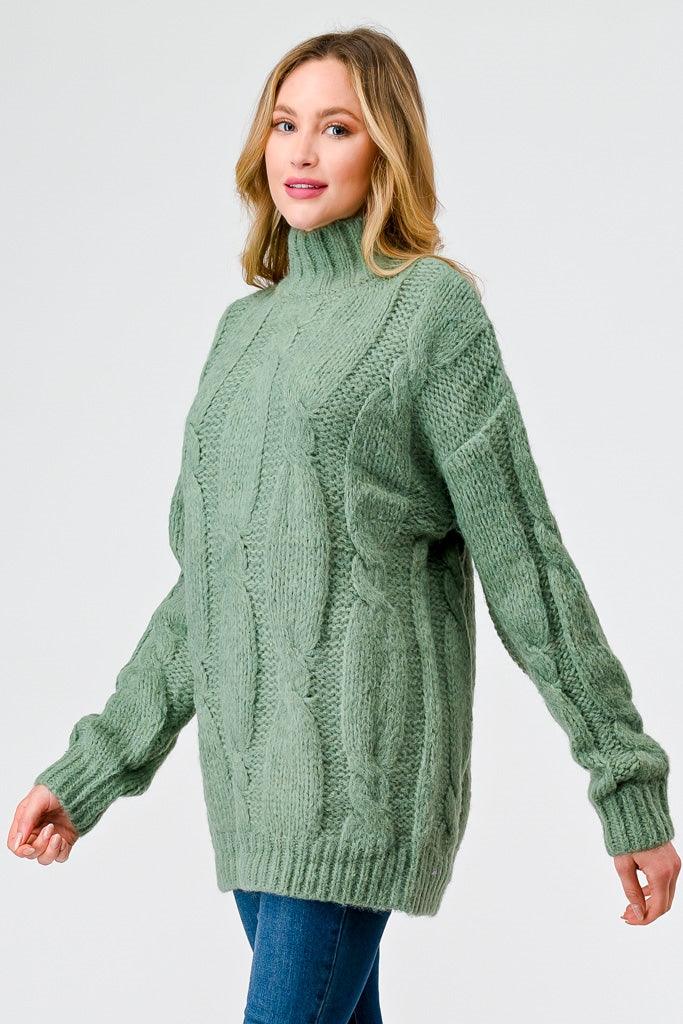 Sage Cable Knit Turtle Neck Long Sleeve Sweater /2-2-2