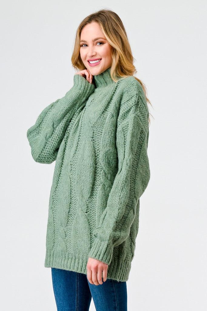 Sage Cable Knit Turtle Neck Long Sleeve Sweater /2-2-3