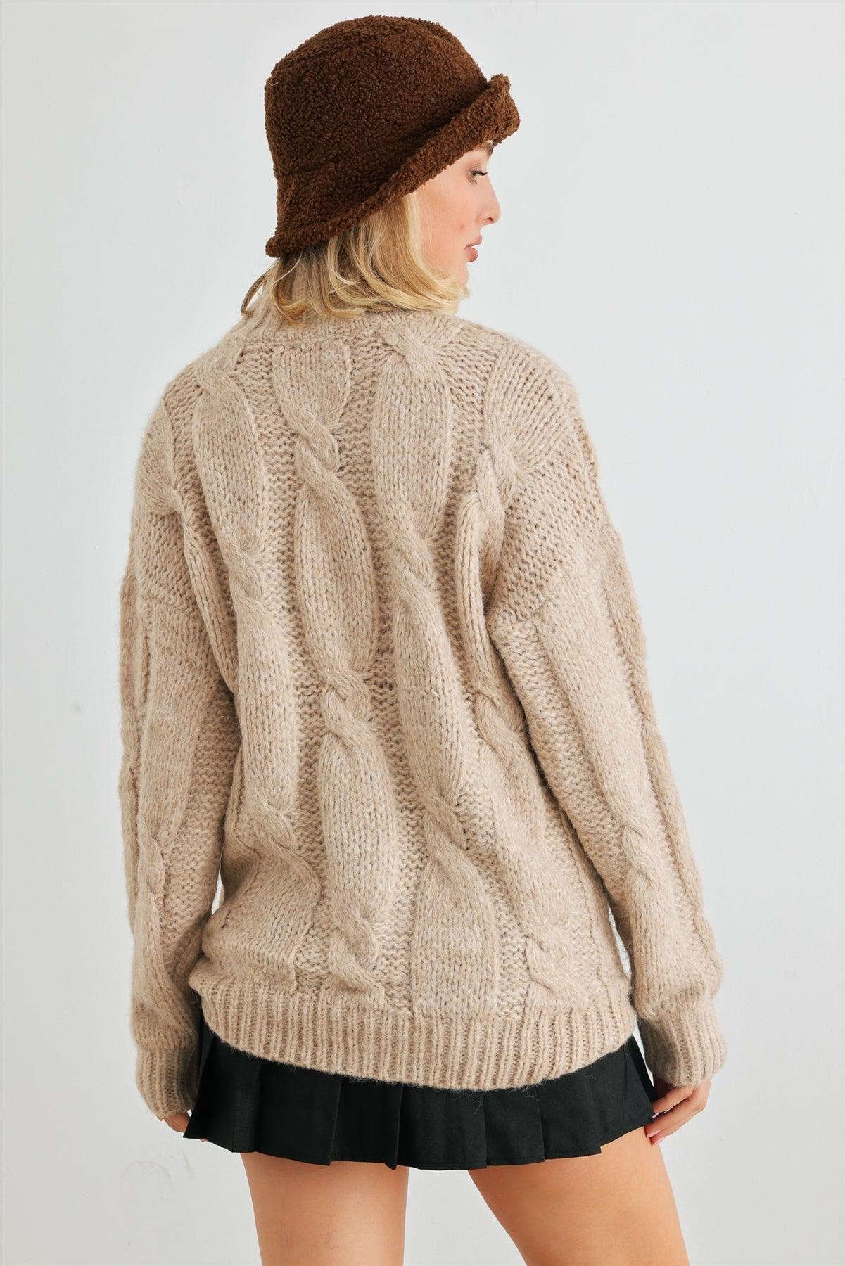 Taupe Cable Knit Turtle Neck Long Sleeve Sweater /2-2-2