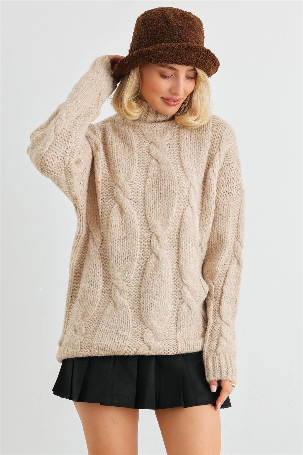 Taupe Cable Knit Turtle Neck Long Sleeve Sweater /2-2-2