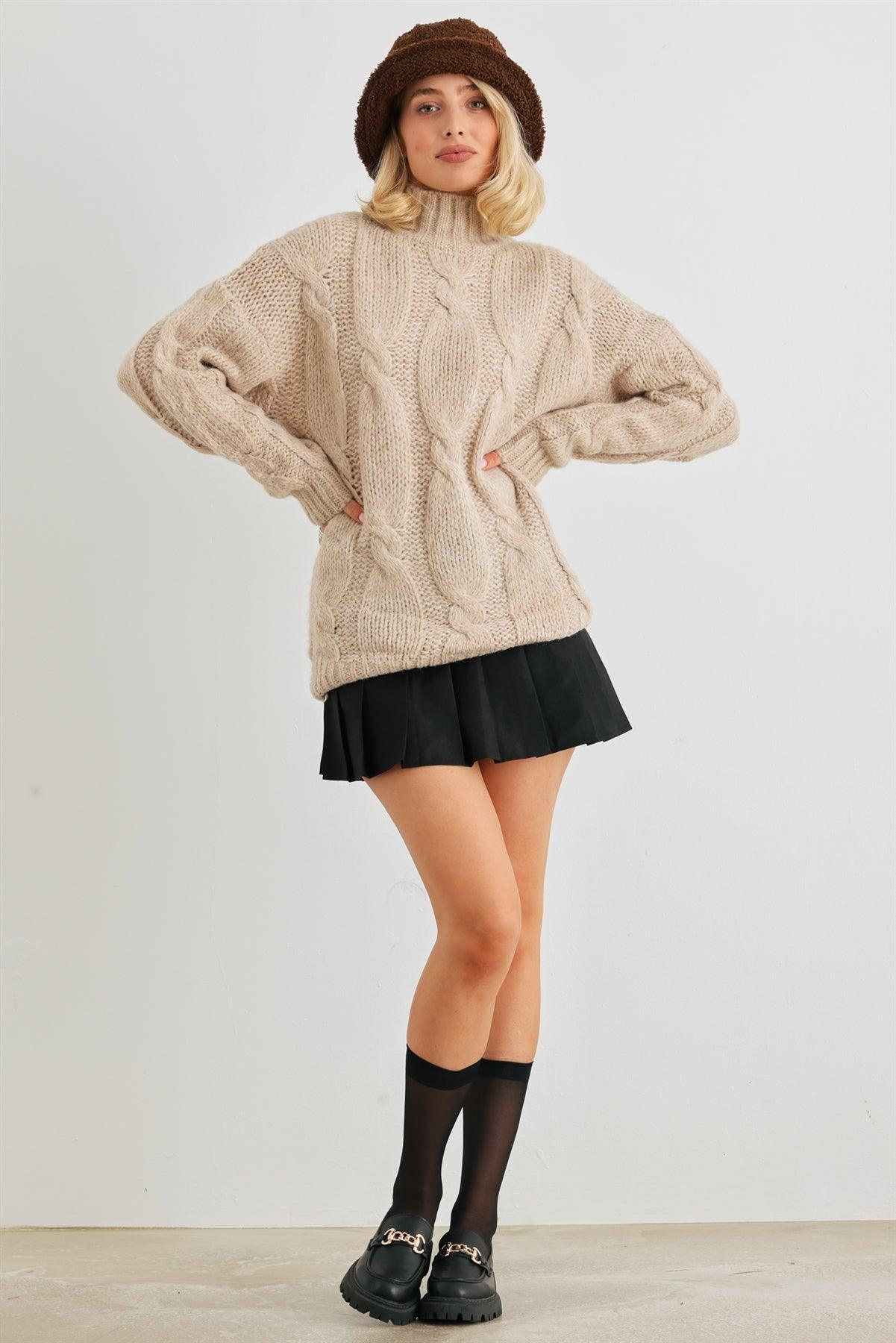 Taupe Cable Knit Turtle Neck Long Sleeve Sweater /2-2-2