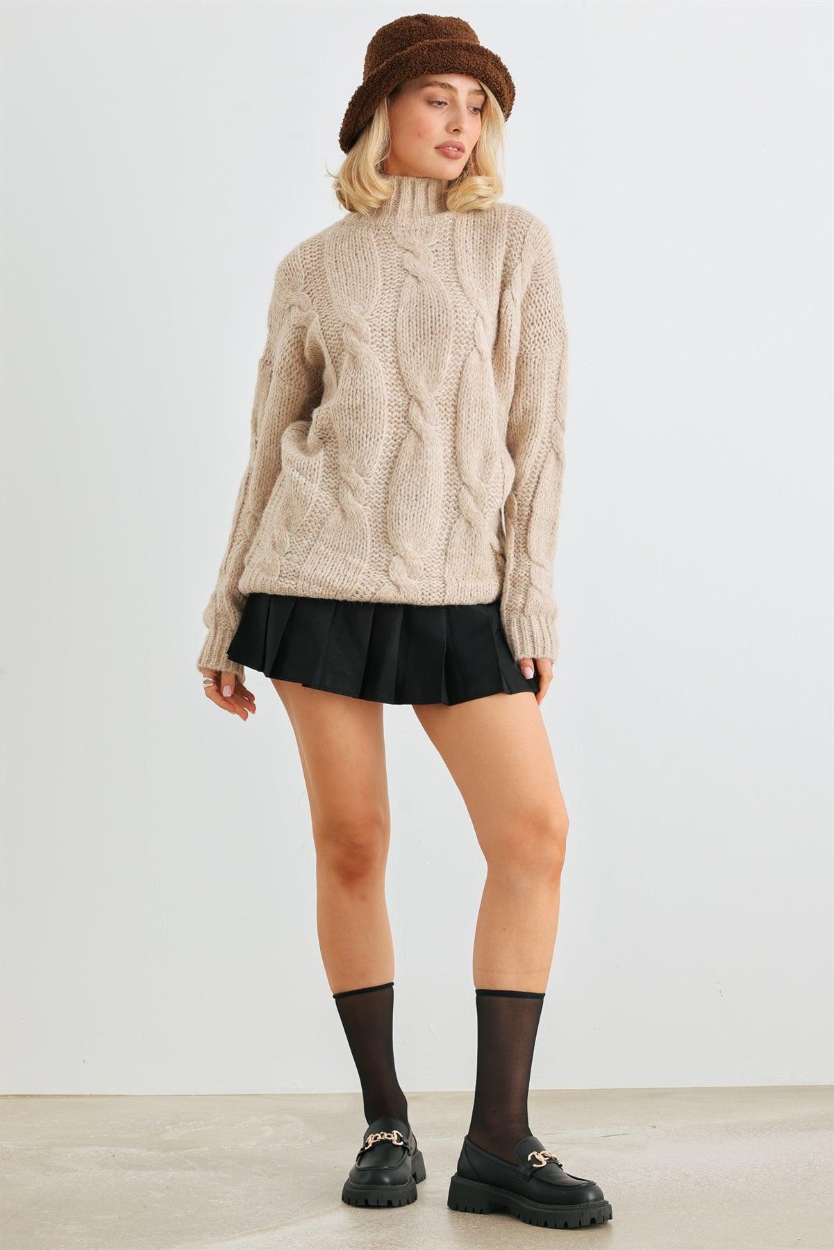 Taupe Cable Knit Turtle Neck Long Sleeve Sweater /2-2-2