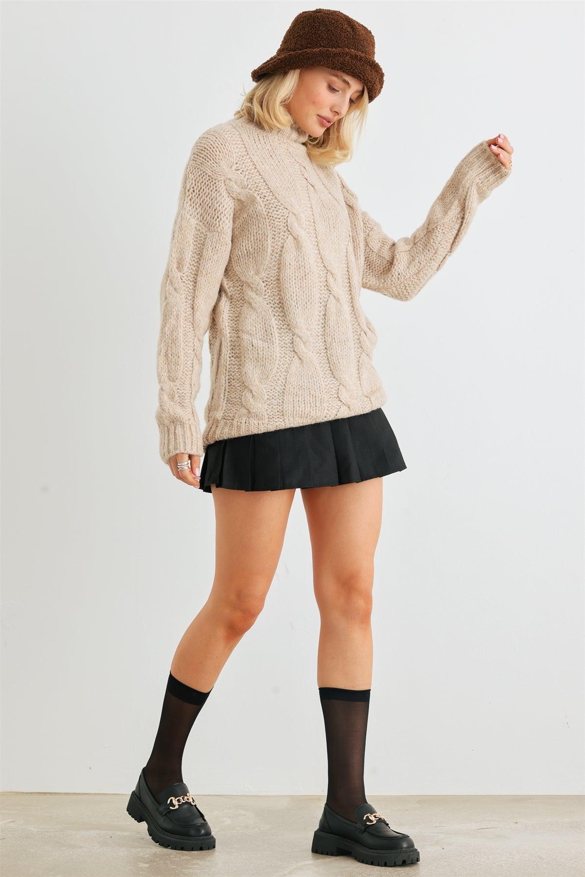 Taupe Cable Knit Turtle Neck Long Sleeve Sweater /2-2-2