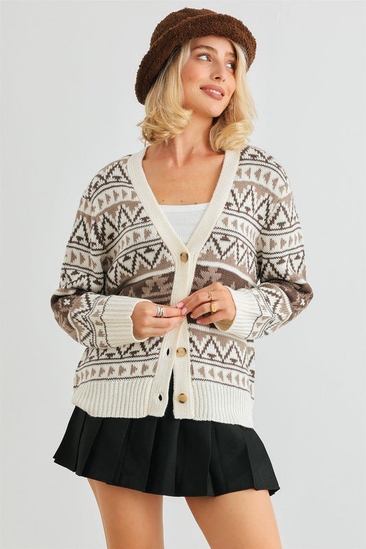 Cream Fair Isle Knit Button-Up Long Sleeve Cardigan Sweater /2-2