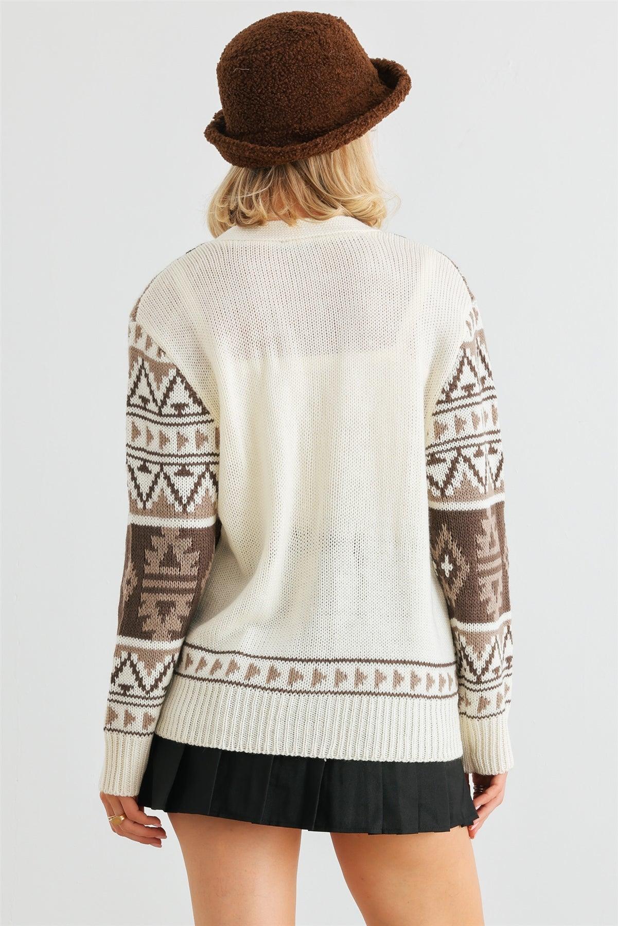 Cream Fair Isle Knit Button-Up Long Sleeve Cardigan Sweater /2-2