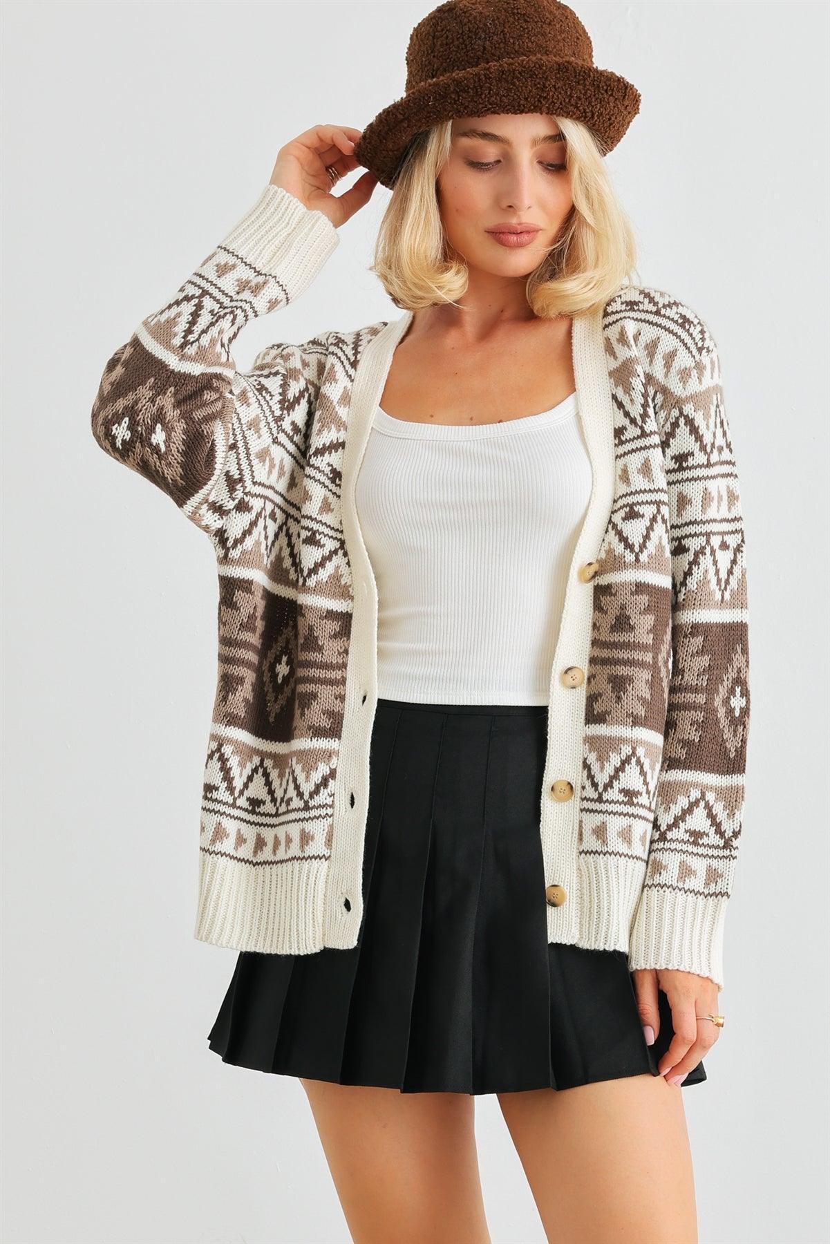 Cream Fair Isle Knit Button-Up Long Sleeve Cardigan Sweater /2-2