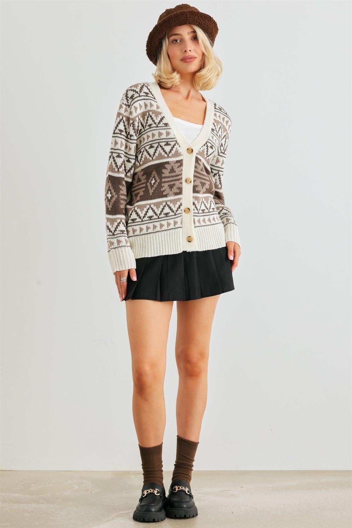 Cream Fair Isle Knit Button-Up Long Sleeve Cardigan Sweater /2-2