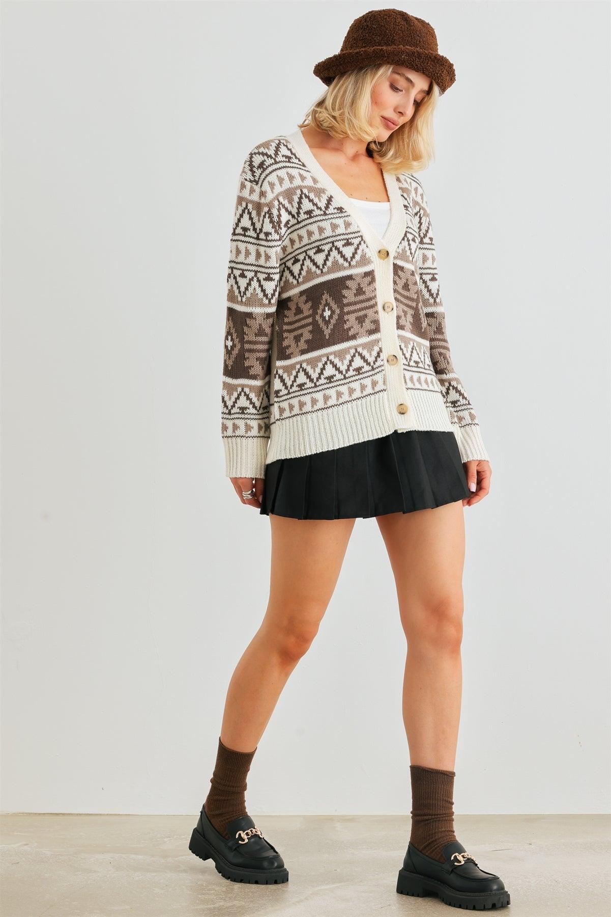 Cream Fair Isle Knit Button-Up Long Sleeve Cardigan Sweater /2-2